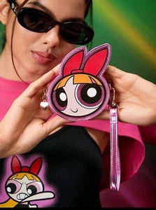 New POWER PUFF GIRLS Logo Wrist Coin Purse Bag BLOSSOM Cosmetic PINK Keychain - Picture 1 of 8