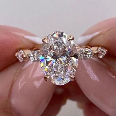 3.40 克拉椭圆形切割实验室种植钻石隐藏光环订婚戒指 14k 黄金 — 第 1/4 张图片