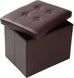 Taburete otomano de almacenamiento de cuero marrón con reposapiés, 17X13X13 pulgadas, estilo moderno - Imagen 1 de 3
