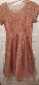 Vestido de noche de cóctel vintage de encaje con lentejuelas rosa de Glen Joan para dama  - Imagen 1 de 15