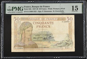 France 50 Francs 1937-40 Pick 85b Woman’s Head PMG 15 - Picture 1 of 2