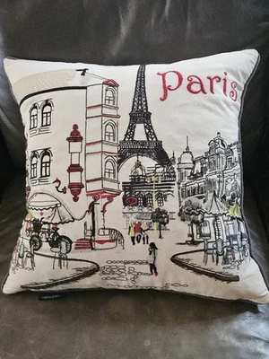 Pre-Owned 18" Cotton Cynthia Rowley Pillow Cushion PARIS France Embroidered Art - Image 1 of 4