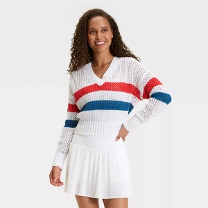 Women's Striped V-Neck Sweater - JoyLab White S - Picture 1 of 3