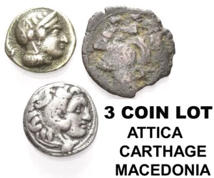 3 DIFF ANCIENTS! ZEUGITANA CARTHAGE AE 21 (Ebay $350!!) + ATTICA + MACEDONIA - Picture 1 of 2
