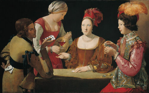 Oil painting Georges de La Tour Young women and man playing card free shipping