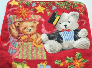 vtg  Wool Needlepoint Petit Point Christmas Pillow Cover Velvet  teddy bear 13" - Picture 1 of 12