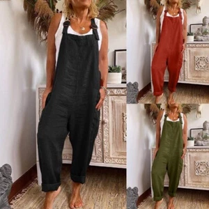 Womens Cotton Linen Jumpsuit Dungarees Ladies Baggy Overalls Strappy Trousers UK - Picture 1 of 14