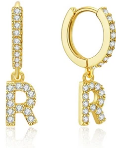 Initial Earrings Letter R, Hoop Letter Huggie Earrings Gold Pleated-Zirconias - Picture 1 of 4