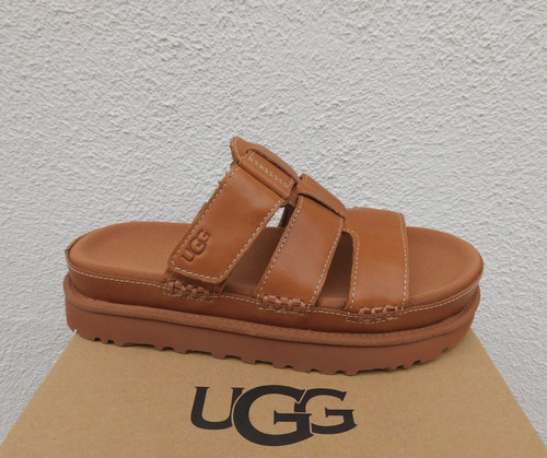 SANDALI SLIDE UGG PELLE MARRONE CHIARO PLATEAU GOLDENS DONNA US 10 EUR 41 ~NUOVI