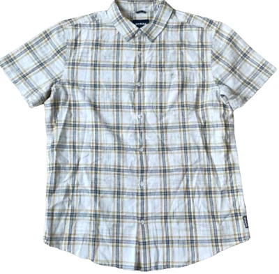 NEW prAna SILVER SPRAY WOODSIDE PLAID SHORT SLEEVE BUTTON UP SHIRT SIZE MEDIUM - Image 1 of 4