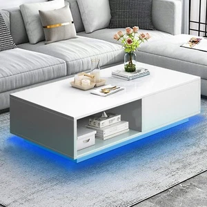Modern White LED Coffee Tables for Living Room with Drawer & 16-Color LED Lights - Picture 1 of 10