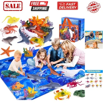 Juguetes para niños animales marinos con tapete de juego grande, paquete de 18 surtidos realistas marinos... Foto 1 de 4