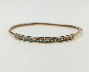 9ct Gold Diamond & Aquamarine Bangle - Picture 1 of 7