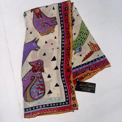 Pañuelo bufanda de seda de diseñador perro gato brillante multicolor Laurel Burch de colección leer Foto 1 de 4