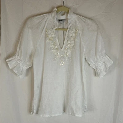 Blusa Tommy Bahama Blanca Lino Coastalina Concha Adornada Mangas Volantes XS Foto 1 de 4