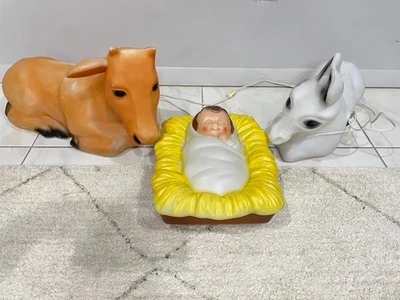Vintage General Foam Blow Molds Baby Jesus, Donkey & Cow w Lights Foto 1 de 4