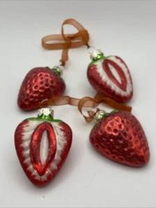 Strawberry Glass Christmas Tree Ornament Set Of 4 Half Or Cut Strawberries - Picture 1 of 7