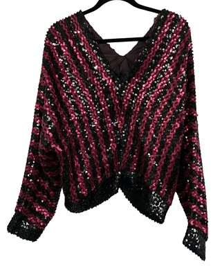 Vintage 80s Sequence Pullover Top Long Sleeve Pink & Black Sparkly Union Tag - Image 1 of 4