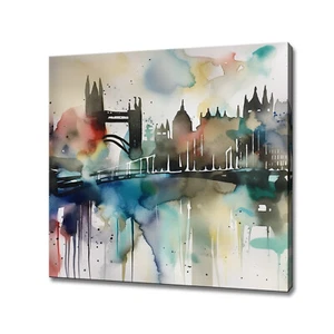 London City Iconic Landmarks Watercolour Painting Style Canvas Print Wall Art - Picture 1 of 7