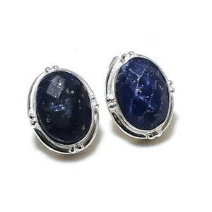 Lapis Lazuli Gemstone 925 Sterling Silver Jewelry Stud Earring Size 0.75" - Picture 1 of 1