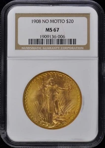 1908 NO MOTTO Saint-Gaudens $20 NGC MS67 - Picture 1 of 4