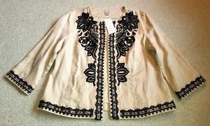 NWT $159 Womens Jacket-CHICO'S-tan/black embroidered BOHO linen open-2 (10/12) - Picture 1 of 6