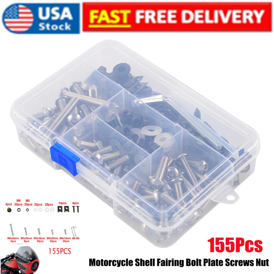 Motorcycle Shell Fairing Bolt Plate Screws Nut Kit 155pcs Stainless Steel Thread — 第 1/4 张图片