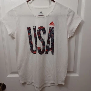GIRL'S ADIDAS RED WHITE AND BLUE SHORT-SLEEVE SHIRT SIZE LARGE (14) - Picture 1 of 12