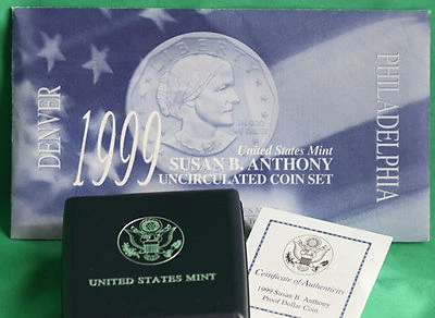 1999 Proof + UNC Susan B Anthony Dollars 3 Coin $1 SBA P D & P US Mint Packaging - Image 1 of 4
