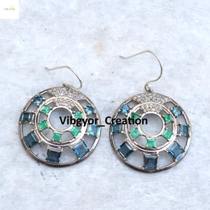 Pave Diamond Earrings Topaz Emerald Jewelry 925 Sterling Silver Gift For Her - Picture 1 of 4
