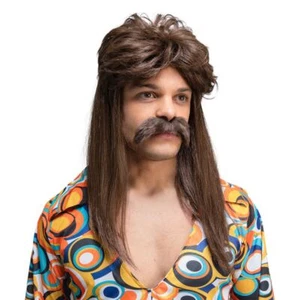 70er Jahre GUY PERÜCKE + SCHNURRBART Hippie Hippie Set Kostüm braune Haare Retro Vokuhila - Bild 1 von 2