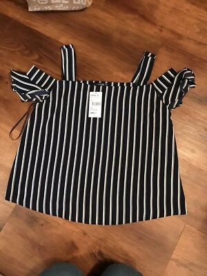 Blusa Camisa Quiz Mujer Fuera del Hombro Azul Marino Blanco a Rayas Talla 14 NUEVA CON ETIQUETAS VENTA Foto 1 de 4