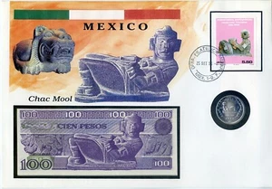 MEXICO "Chac Mool"- SPECIAL First Day Envelope (Stamp & Banknote + Coin) All UNC - Picture 1 of 2