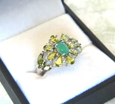 Precioso anillo brillante banda de plata con esmeralda y peridoto piedra preciosa flor talla 6 o 7 Foto 1 de 4