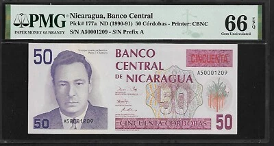 Nicaragua 50 Cordobas 1990-91 PMG 66 EPQ UNC P#177a S/N Prefix A - Image 1 of 4