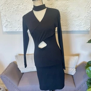 Zara Black Ribbed Waist Cut Out Long Sleeve Bodycon Dress Sz L - Picture 1 of 6