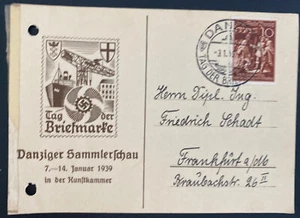 1939 Danzig Germany First Day Postcard Cover FDC To Frankfurt Philatelic Exhibti - Picture 1 of 2