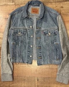 Levis Trucker Jacket Womens Large Blue Denim Light Wash Cut Off Long Sleeve - Picture 1 of 8