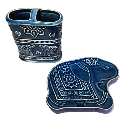 Soporte para cepillo de dientes boho elefante de cerámica azul y jabonera estilo salón alta costura Foto 1 de 4