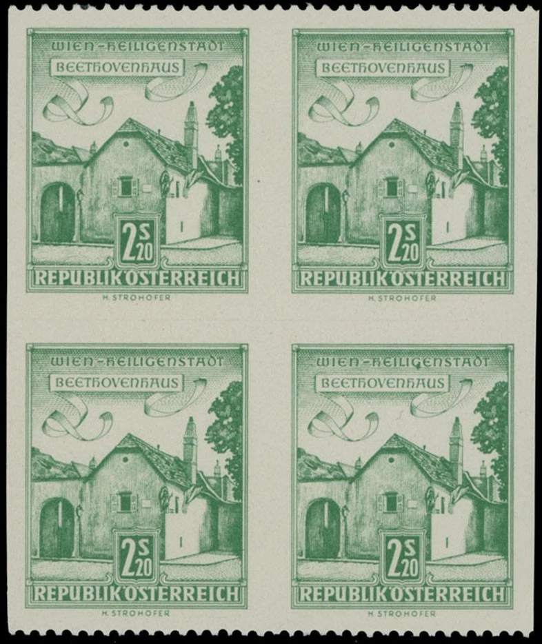Casa Beethoven Austria 1962, 2,20 verde, bloque de error imperfecto de 4, NH, SC. #697 Foto 1 de 2