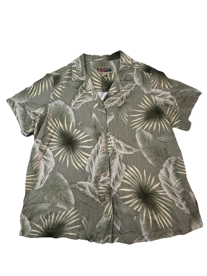 Top delantero con botones La Cabana para mujer 1X verde estampado tropical hawaiano manga corta Foto 1 de 4