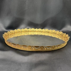 Oval Brass Filigree Mirror Vanity Tray Mid-Century Vintage W/Hook For Wall - Picture 1 of 12