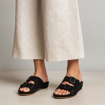 La Plume Sz. 39 Black Jen Suede Tooled Leather Floral Slide Buckle Sandals Shoes - Image 1 of 4