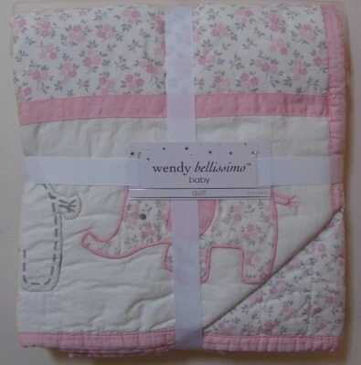 Cobertor de colcha Wendy Bellissimo bebê rosa branco elefante floral algodão berço - Imagem 1 de 4