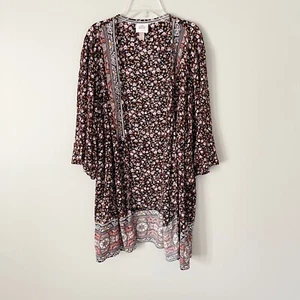 Knox Rose Size L Black Printed Floral Ditsy Print Kimono Open Front Big Sleeves - Picture 1 of 7