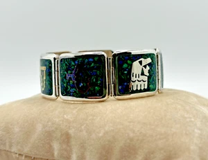 VINTAGE HECHO EN MEXICO EAGLE #2 STERLING TURQUOISE INLAY AZTEC BRACELET! #624 - Picture 1 of 9