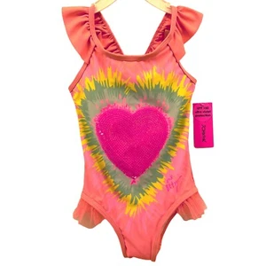 Betsey Johnson Swimsuit Girls 5 Coral Sequin Heart 1Piece Racerback Bathing Suit - Picture 1 of 8