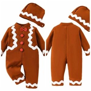 Baby Girls Christmas Bow Tie Gingerbread Man Costume Romper Jumpsuit With Hat - Picture 1 of 23