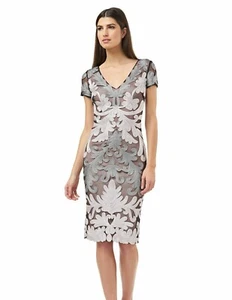 New JS Collections V Neck Soutache Evening Dress Embroidered Gray Black Size 2 - Picture 1 of 7