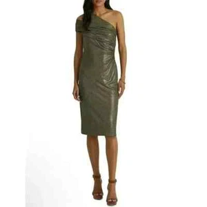 Ralph Lauren Black Label One Shoulder Shimmer Dark Olive Green Cocktail Dress 10 - Picture 1 of 12